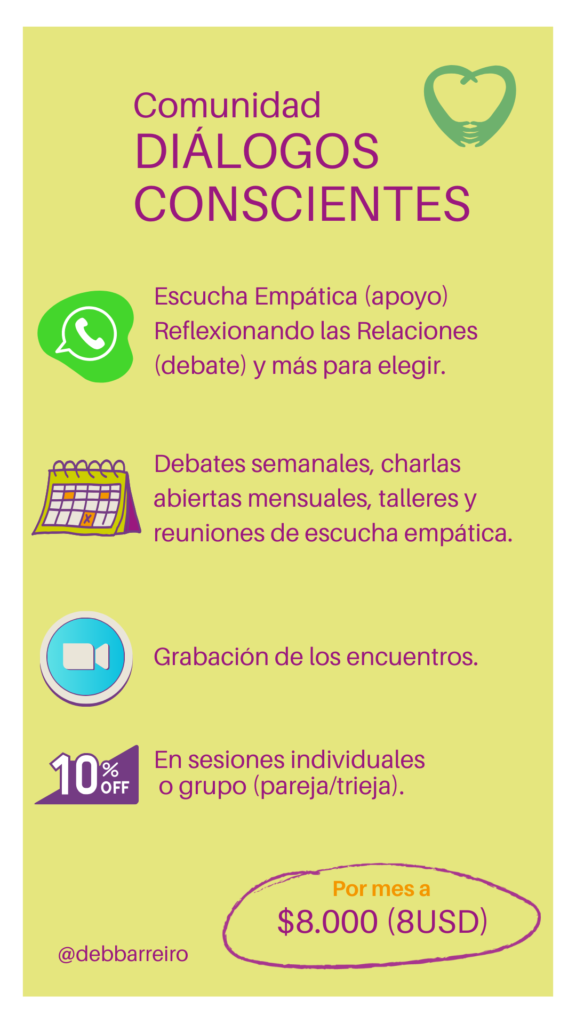 Explicación de las caractesiticas y beneficios incluidos en la participación de la comunidad Diálogos Conscientes. En donde se reflexiona, debate y aprende sobre el amor libre y relaciones.